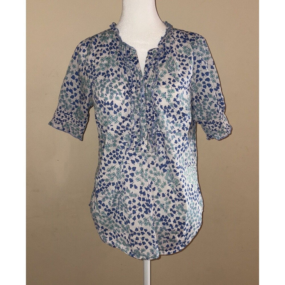 Talbots 100% cotton Pullover Blouse Lightweight Blue White Floral Womens SMALL